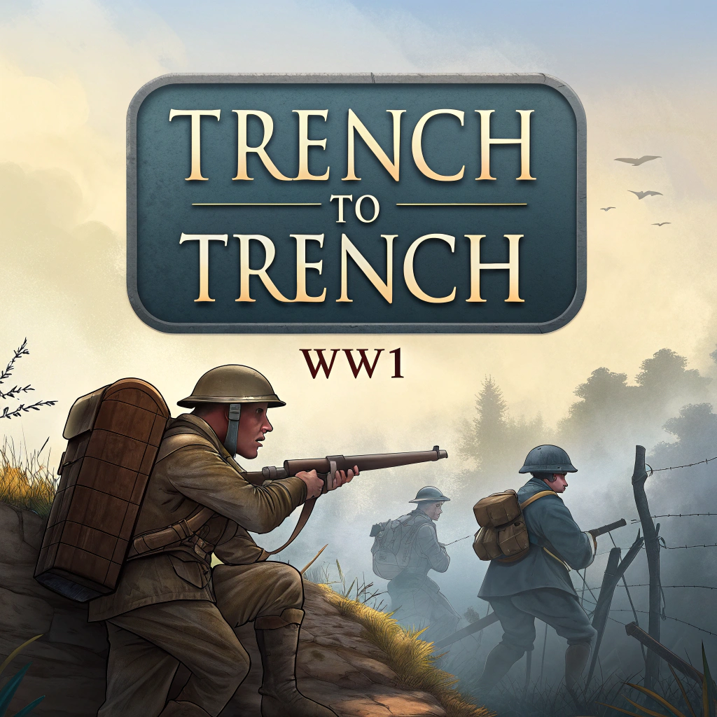 WW1 Soldiers climb over the edge of a trench with large title text across the image